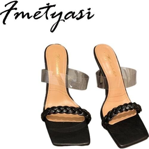 Women Pumps Low Thin Heel Fashion Transparent Strap Ladies Pumps Square Toe Slip On Mules Casual Slides Party Height Increasing