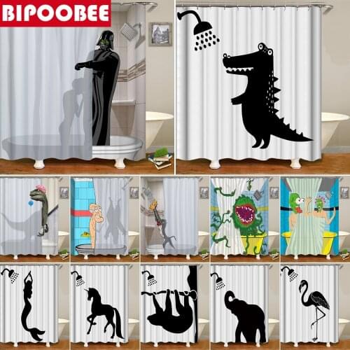 Funny Lovely Dinosaur Elephant Shower Curtain Cute Animal Take Bath Bathroom Curtain with 12 Hooks Home Decor, 4 Size