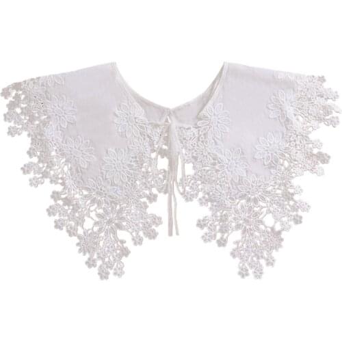 Women Girls White Detachable Doll Fake Collar Shawl Wrap Hollow Out Floral Cross Embroidery Necklace Mini Cape Dickey