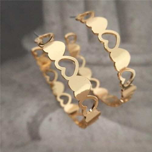 Sweet Heart Gold Color Hollow Linked Hoop Earrings For Women Girl Gilry Casual Lovely Daily Party Decoration Jewelry Accessory