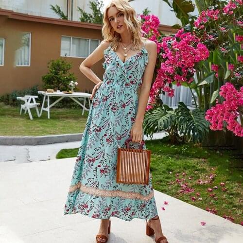 ZITY Women 'S Boho Floral Sling Dress Summer Ladies Sleeveless V Neck Loose Pleated Bohemia Long Dresses