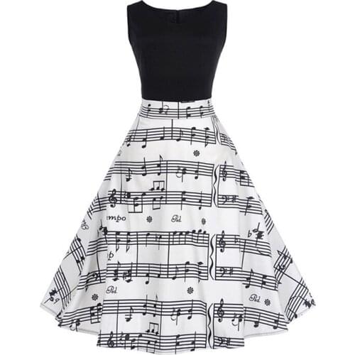 Women Sleeveless Summer Vintage Dresses Sexy Black Music Note Print O-neck Pin Up Party Dress Vestidos