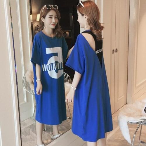 #2361 Cotton Loose Blue Tshirt Dress In Woman Large Size Backless Faux Two Piece T-shirts Dresses For Women Letter Printed Dress