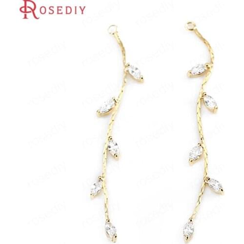 34493)4PCS 4*64MM 24K Gold Color Brass and Zircon Tree Leaf Tassel Charms High Quality Diy Jewelry Findings Accessories