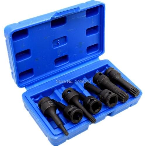7 Piece Spline Bit Socket 3/8" Square Drive M5 M6 M7 M8 M10 M12 M14 CR-MO Impact Socket Screwdriver Bits Tools Set with Case