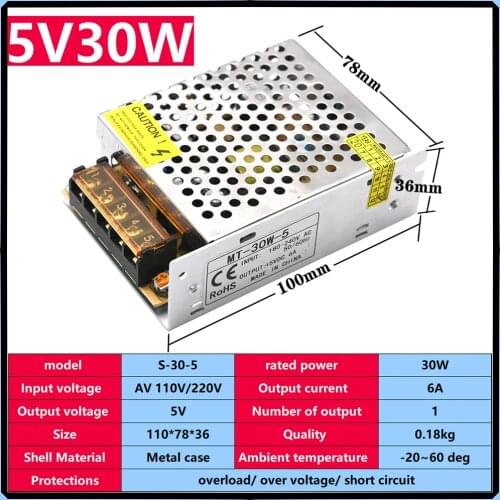 Power Supply Adapter Light Transformer AC 110V 220V To DC 5V 6A 30W Power Supply Source Adapter Strip Switch LED Driver Adapter