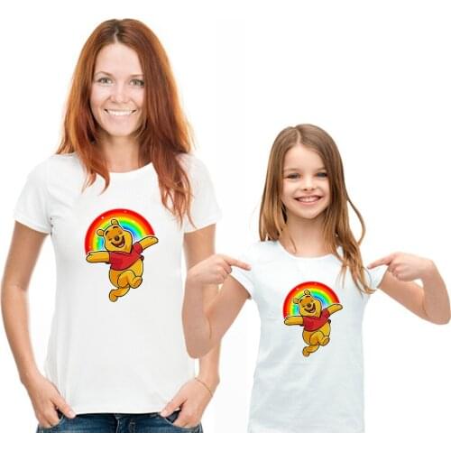 Summer Kids Rainbow Pooh Top Winnie the Pooh Printed T shirt Street Casual Popular Girl Tee Shirt Short Sleeve Family T-shirt