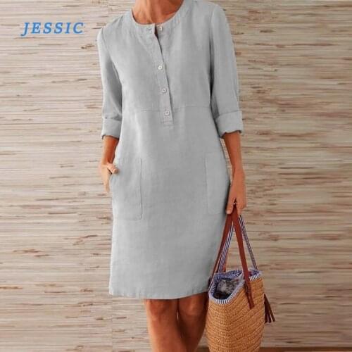 JESSIC Spring Cotton Linen Dress Fashion Button O-Neck Knee Party Dress Women Long Sleeve Pocket Solid Dresses