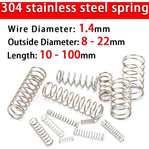 304 Stainless Steel Compression Spring, Return Spring, Steel Wire Diameter 1.4mm Outside Diameter 8~22mm 10 Pcs