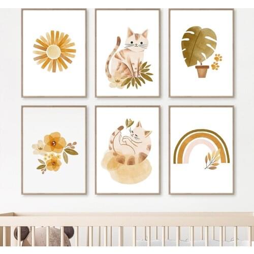 Cat Flower Sun Monstera Rainbow Cartoon Wall Art Canvas Painting Nordic Posters And Prints Nursery Wall Pictures Kids Room Decor