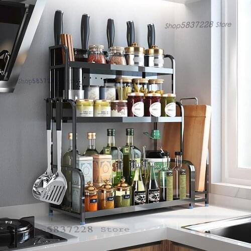 Stainless steel kitchen shelf floor condiment seasoning shelf soy sauce vinegar bottle cutting board knife storage rack