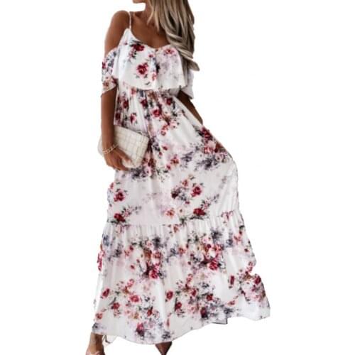 Summer Woman Swimwears 2021 Bohemian Women Dress Low Cut Cold Shoulder Short Sleeves Floral Print Maxi Dress for Cocktail