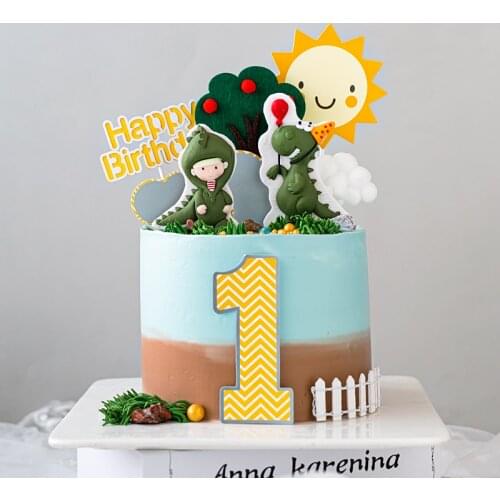Lovely Dinosaur Baby Birthday Cake Decoration Soft pottery Dino Baby One year old Baking Cakes Dessert Topper Top Insert Gifts
