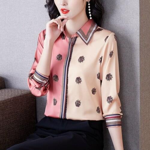 Fashion Polka Dot Striped Satin Silk Shirt Womens Tops Elegant Office Ladies Flower Blouse Female Patchwork Shirt