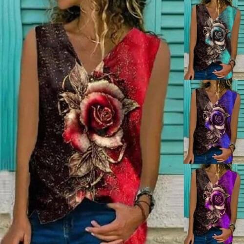Womens Fashion Floral Printed V-neck Sleeveless Tank Tops Summer Casual Loose T Shirts Tops Blouse Plus Size