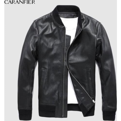 CARANFIER Brand Coat Mens Jackets Genuine Sheepskin Leather Casual Slim Short Fit Coats Motorcycles Black Outerwear Overcoats