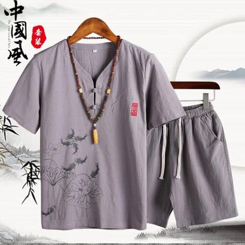 Men Sportswear Tracksuit Linen Short Sleeve Printed Yoga Shirt Sweatshirt+sweatpants Casual Jogger Taichi Meditation Workout Set