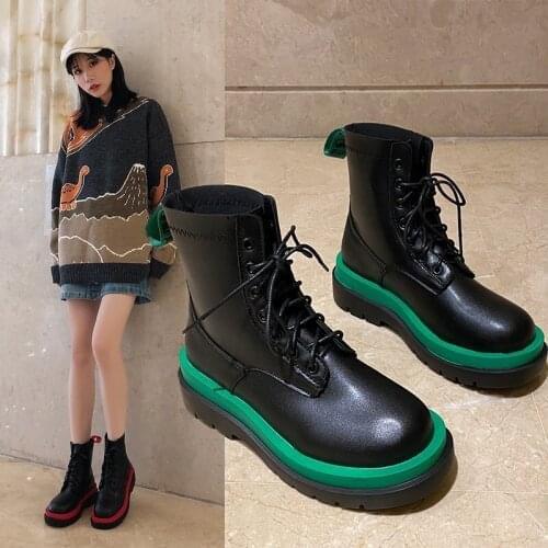 2020 New Thick-soled British Style Short Boots Women Casual Color Matching Womens Shoes Thick Heel Martin Boots Knight Boots