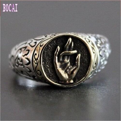 BOCAI New Womans fashioBBOCAI New s925 silver man ring Evil Oriental Vibrations Shakya Mani Buddha Dharma silver woman ringNew