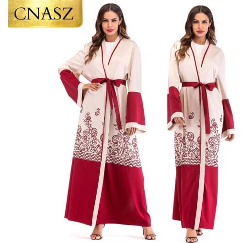 New arrival turkish islamic clothing red print floral front open kaftan hijab dress dubai abayas for women 2021