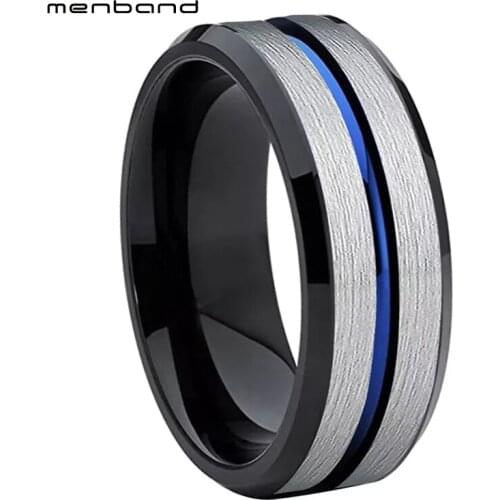 Black Blue Ring Men Women Tungsten Carbide Wedding Ring With Grooved And Bevel Edges 8MM Comfort Fit