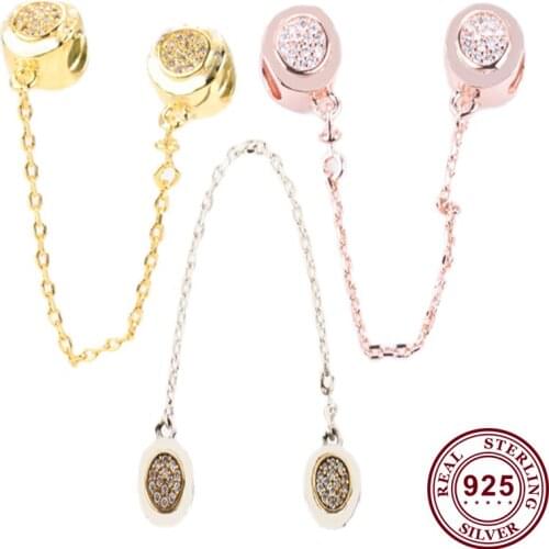 Original 925 Sterling Silver Shiny Tricolor Circle With Crystal Cz Safety Chain Fit Pandora Women Bracelet & Necklace Jewelry