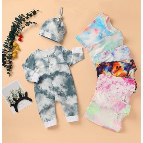 1-3Y Autumn New Baby Clothes Set Fashion Boy Tie-dye Print Girls Long Sleeve O Neck Romper + Hat 2pcs Outwear Jumpsuits