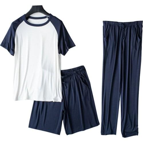 Plus Size 3 Piece Set Modal Pajamas For Men Patchwork Short Sleeve Nightgown Summer O Neck Sleepwear Casual Loose Homewear Sets