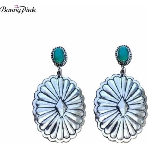 Banny Pink Vintage Ethnic Turquoises Dangle Earrings For Women Boho Jewelry Carved Metal Circle Earring Brincos Mujer Bijoux