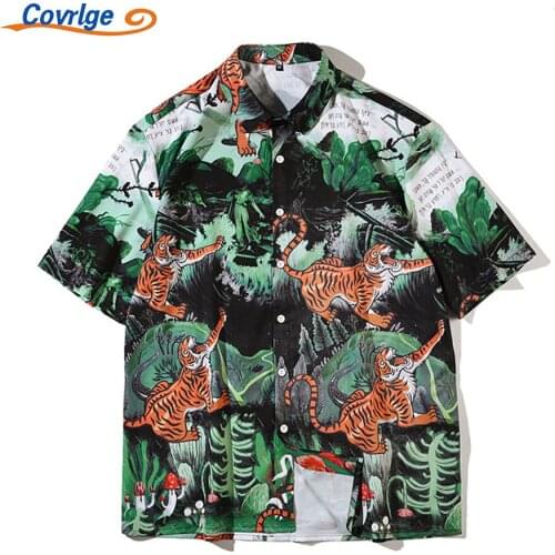 Covrlge New Short Sleeve Mens Shirt Summer Fashion Chinese Style Loose Tiger Pattern Lapel Cardigan Daily Casual Top MCS157