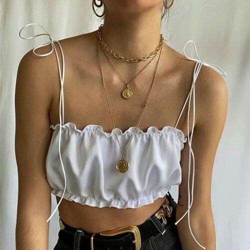 Sexy Tight-fitting Solid Hanging Lace Halter Top Pleated Fungus Tether Camisole Slim Stylish Short Sleeveless Womens Clothing