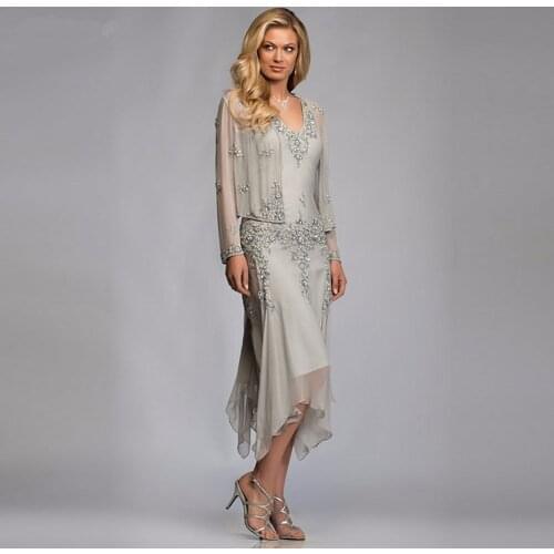 Sliver Mother Of The Bride Dresses With Jacket Knee Length Plus Size Wedding Guest Dress Lace Appliqued vestido de noche