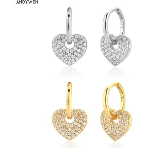 ANDYWEN 925 Sterling Silver 8.5mm Drop Earring Piercing Pendiente Big Heart Luxury Crystal Pave Fashion Clips Jewelry Gift
