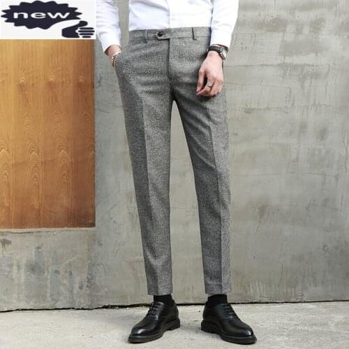 Vintage Mens Business Work Long Pencil Slim Fit Casual Trousers Office Spring Autumn Male Pants British Pantalones Hombre