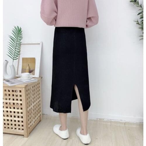 Women Back Slit Bodycon Elegant Pencil Skirt Autumn Winter Casual Knitted Skirt High Waist Skirts Womens Jupe Femme Faldas