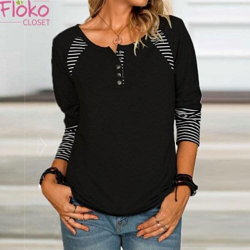 Flokocloset Autumn Long Sleeve Stripe Print Casual T-shirt Spring O-Neck Blended Women Button Tops Tees