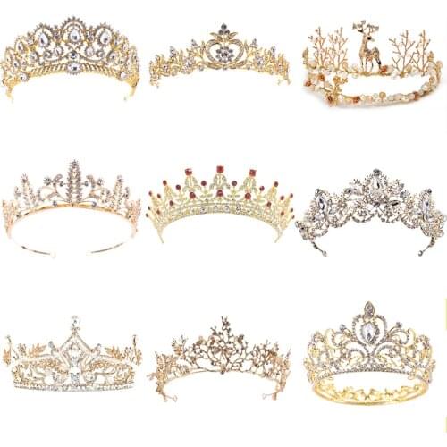 20 Style Vintage Gold Wedding Hair Jewelry For Women Pearl Crystal Tiara Crown Princess Queen Bridal Hair Jewelry Pageant Prom