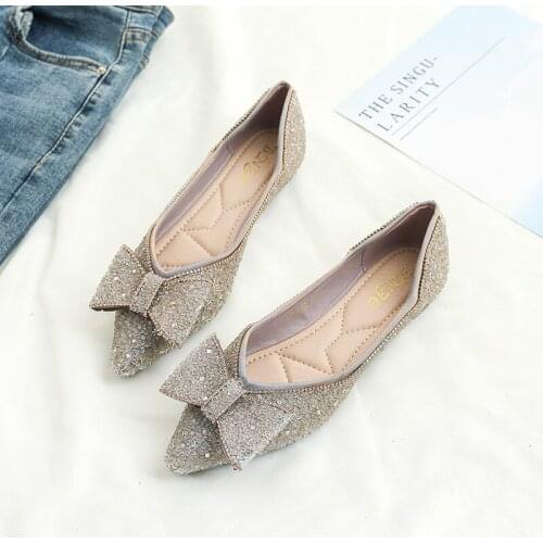 Korean Rhinestones bow-knot flats woman ballerina loafers lazy soft bottom sneaker shoes for women pointed toe crystal moccasins