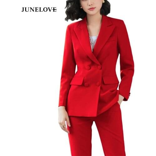 JuneLove New office work blazer suits double breasted OL women pants suit blazers jackets with trouser two pieces set red bottom