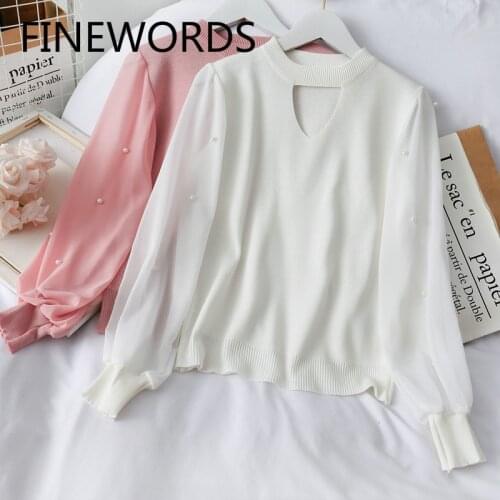 FINEWORDS Autumn Korean Neck Hollow Out White Knitted Sweater Women Beading Long Sleeve Pullovers Vintage Elegant Swetry Damskie