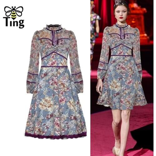 Tingfly Summer New Runway Fashion Floral Print Knee Length Women Dress Lace Patchwork Ruffles Elegant A Line Dress Vestidos Chic