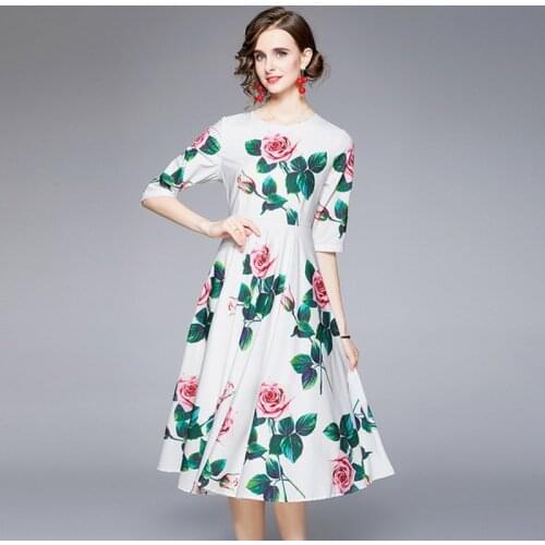 2021 summer fashion Elegant women Pleated Dress O Collar half -Sleeved Print casual Dress