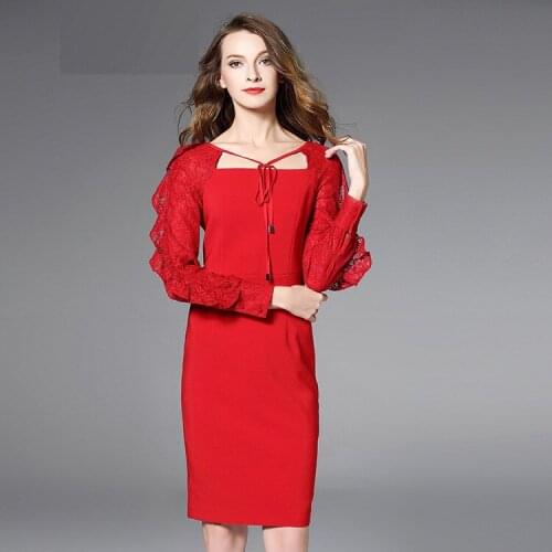 2019 new fashion lady elegant party dress women squre collar long sleeve party dresses lace sleeves above knee Dress