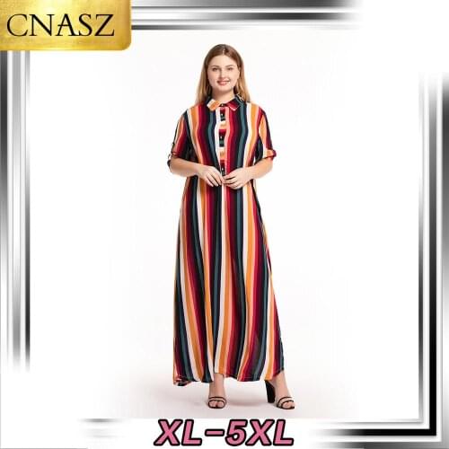 2020 New Fashion Large Size Summer Dress Doll Collar Stitching Striped Short-Sleeved Womens Elegant Long Skirt Plus Size Dress