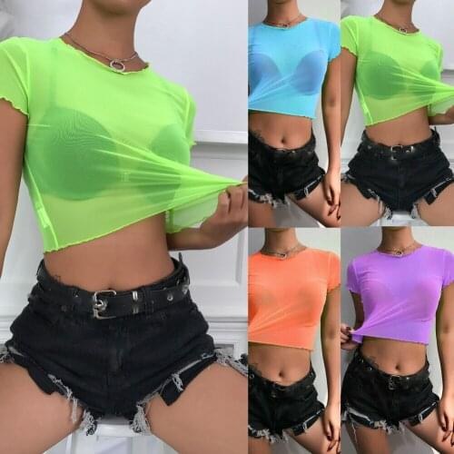 2020 New Women Fashion Sexy Slim Mesh Sheer See-through T-Shirts Ladies Casual Top S-L