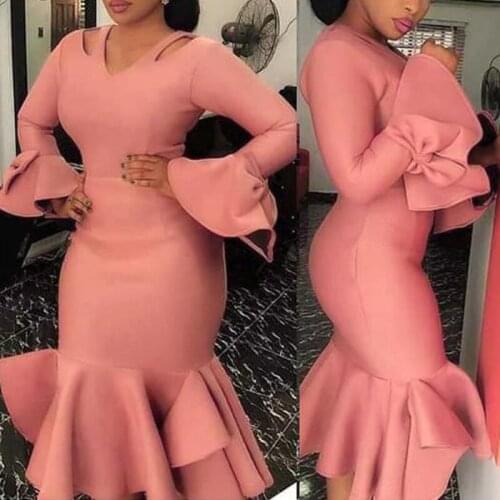 2021 Ruffles Bow Trumpet Pink V Neck Sexy Hollow Out Casual Bodycon Long Sleeve Party Dress for Women Vestidos De Festa 70134