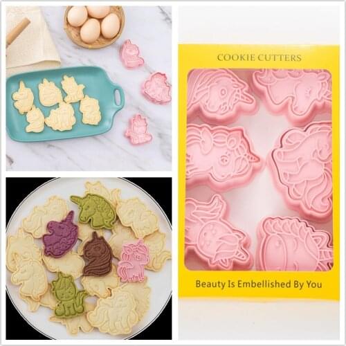 6pcs/set Unicorn Shape Cookie Cutters 3d Cartoon Biscuit Mold Plastic Baking Molding Chocolate Decorating Tools