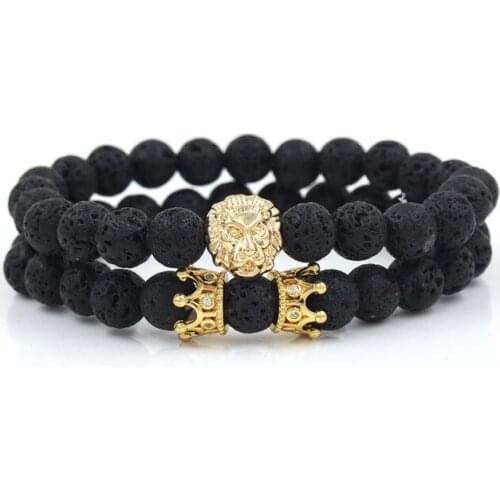 8mm 2PCS/Lot yj345 elastic adjusted nature stone agate Onyx black volcanic lava white Howlite lion Crown Bracelet Bangles