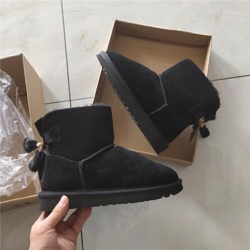 Fashion Ankle bowknot snow boots women Wool fur lined Australia classic genuine leather winter flat Tassels warm shoes black 44