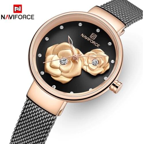 NAVIFORCE Women Watch Top Brand Luxury Dress Ladies Watches Rose Gold Flower Girl Clock Waterproof Steel Mesh Relogios Feminino